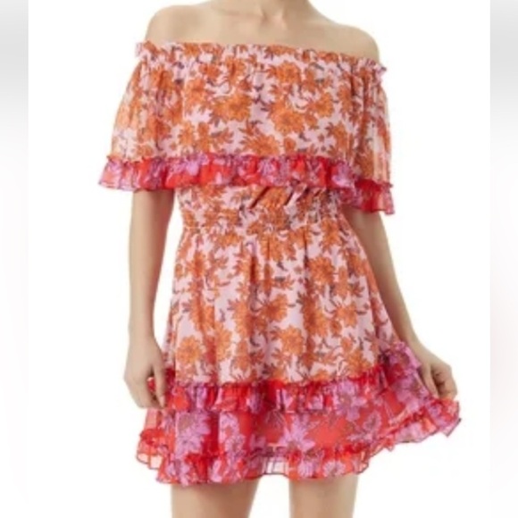 JESSICA SIMPSON PINK & ORANGE RUFFLE FLORAL PRINT OFF SHOULDER MINI DRESS SZ L - Picture 8 of 11